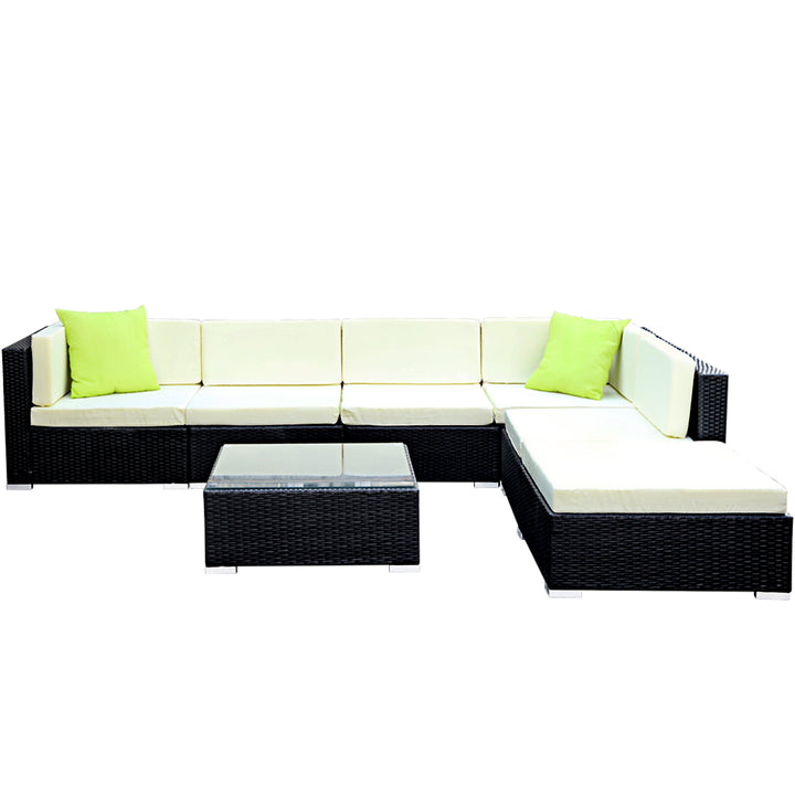 7 PC Wicker Outdoor Sofa Set with Cover - Black & Beige