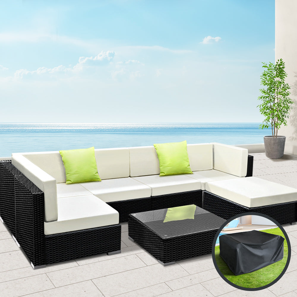 7 PC Wicker Outdoor Sofa Set with Cover - Black & Beige