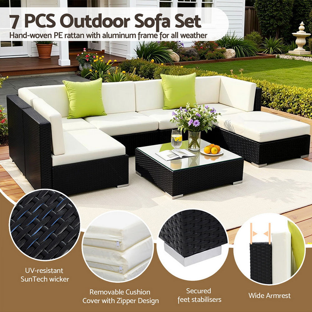 7PC Rattan Outdoor Sofa Set with Storage Cover - Black - Homecoze