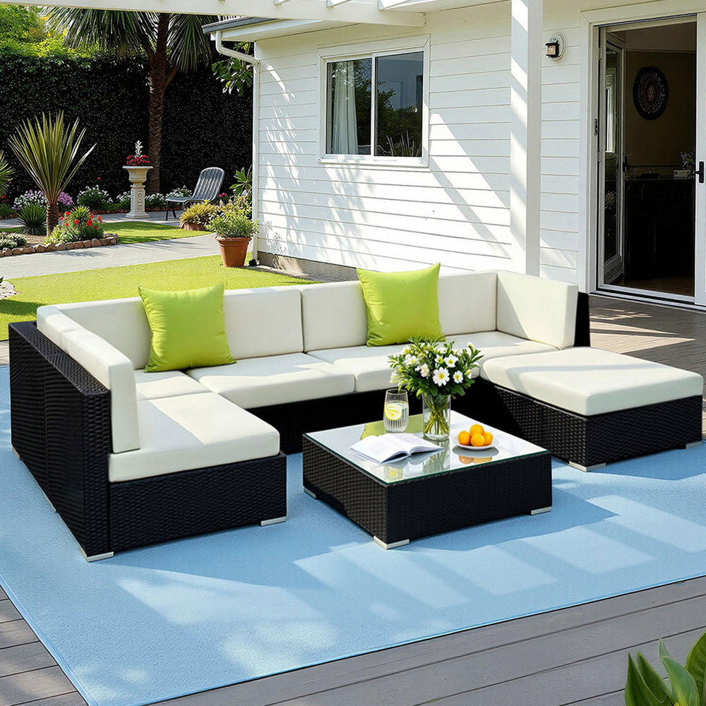 7PC Rattan Outdoor Sofa Set with Storage Cover - Black - Homecoze