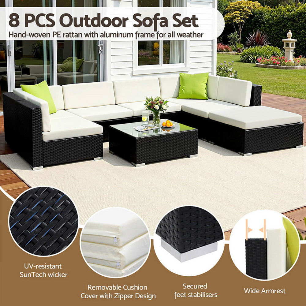 8PC Rattan Outdoor Sofa Set with Storage Cover - Black