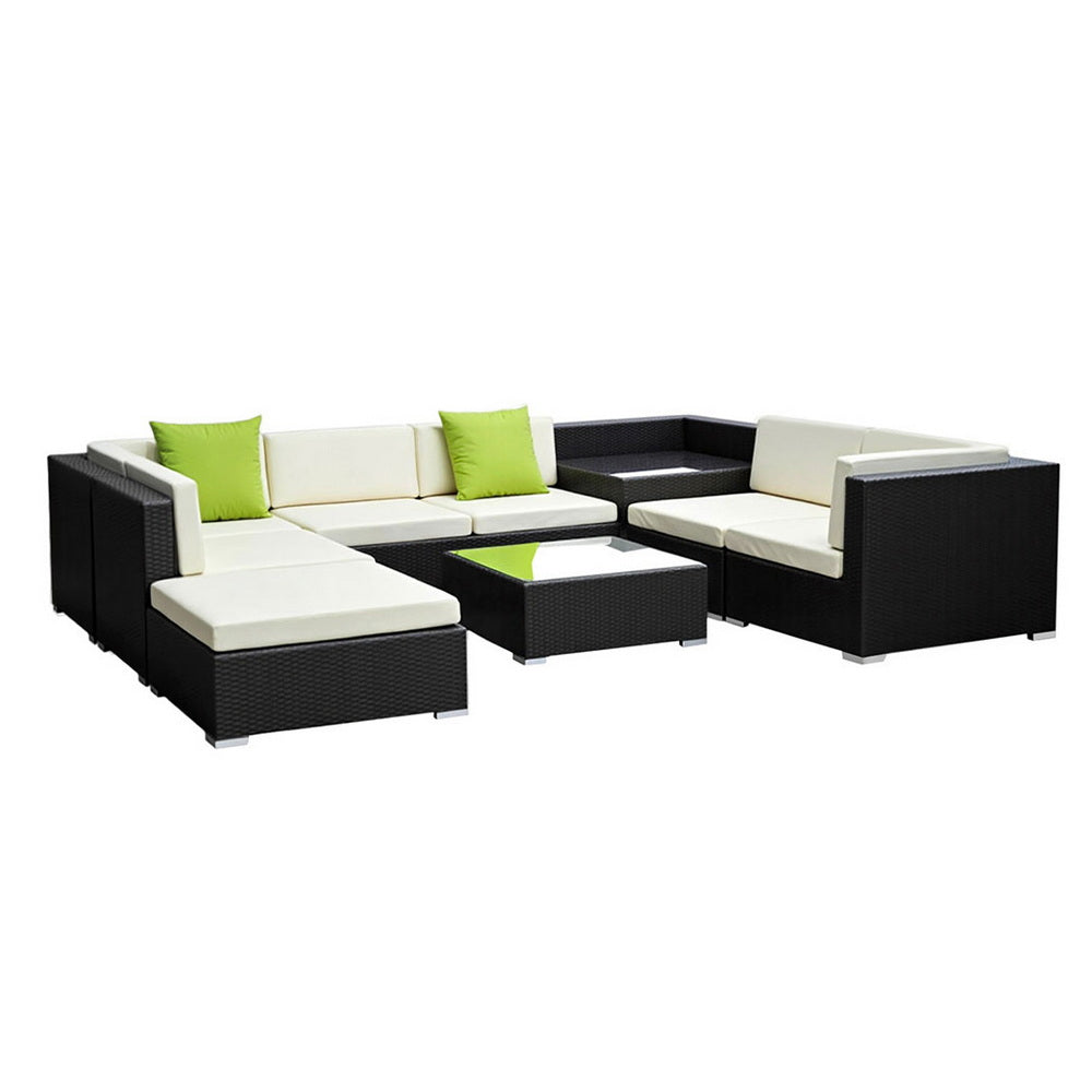 9PC Rattan Outdoor Sofa Set with Storage Cover - Black