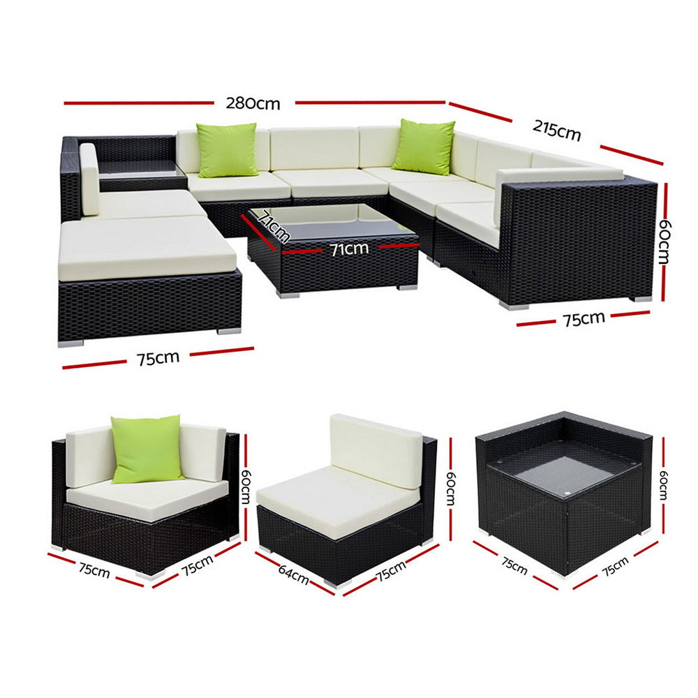 9PC Rattan Outdoor Sofa Set with Storage Cover - Black