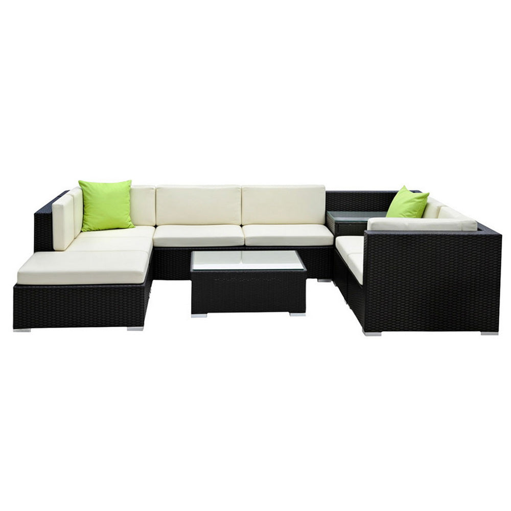 9PC Rattan Outdoor Sofa Set with Storage Cover - Black