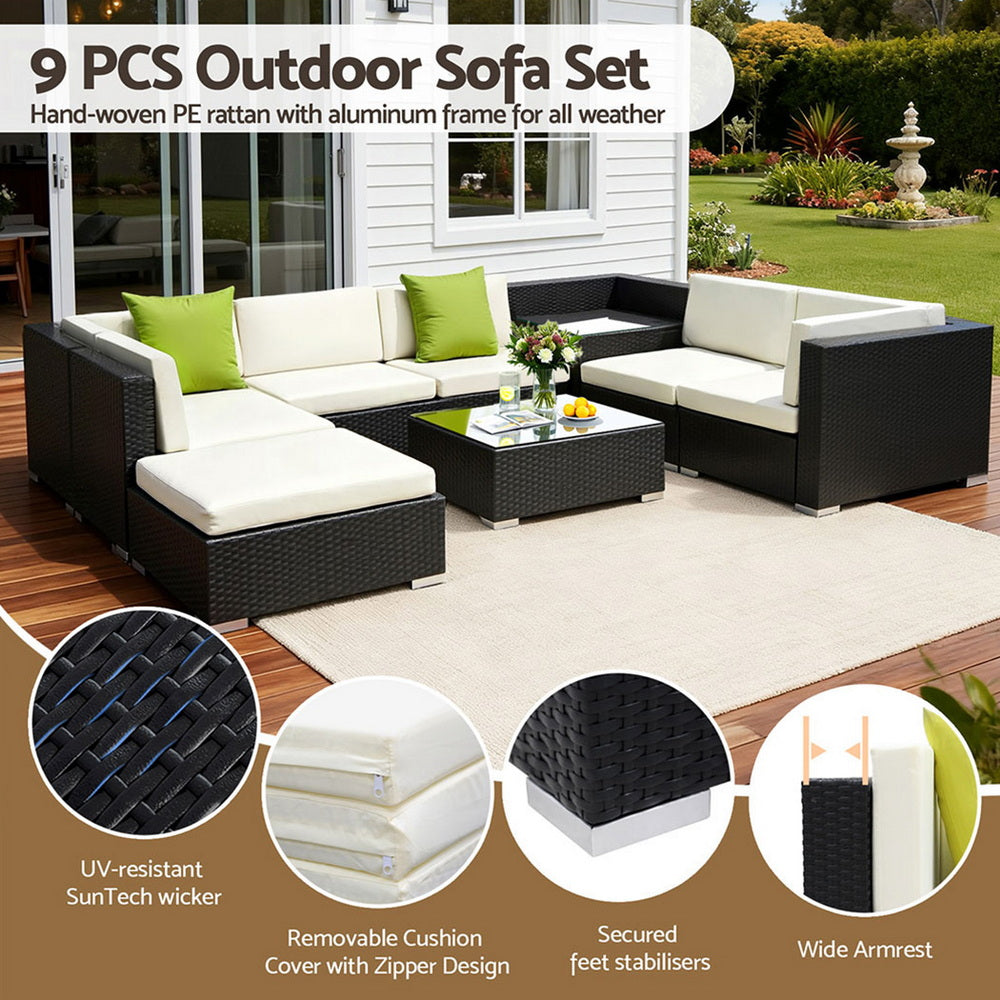 9PC Rattan Outdoor Sofa Set - Black - Homecoze