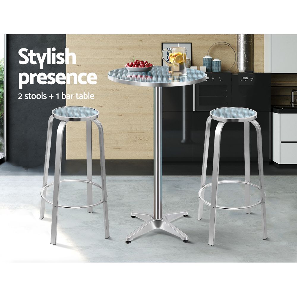 3 PC Round Aluminium Bar Stool & Table Set for Indoor or Outdoors