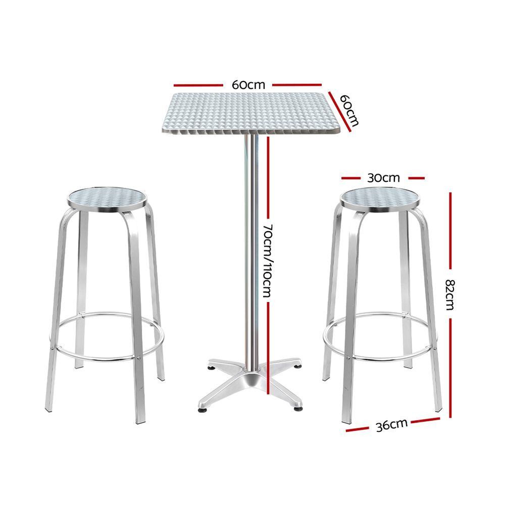 3 PC Square Aluminium Bar Stool & Table Set for Indoor or Outdoors - Homecoze