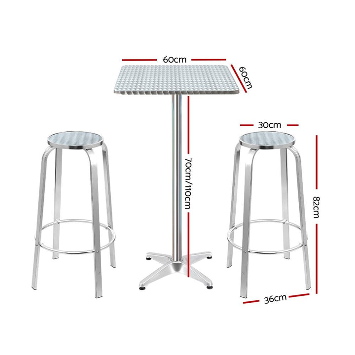 3 PC Square Aluminium Bar Stool & Table Set for Indoor or Outdoors - Homecoze