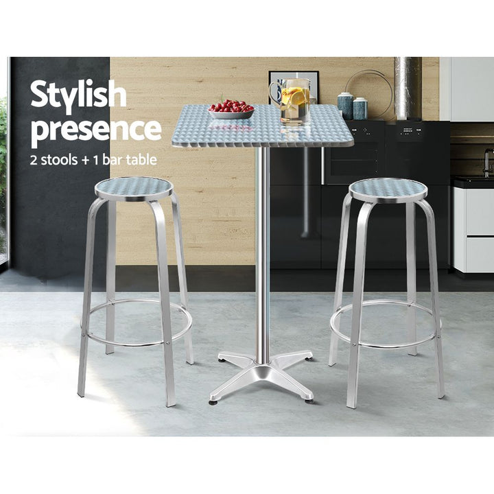 3 PC Square Aluminium Bar Stool & Table Set for Indoor or Outdoors - Homecoze