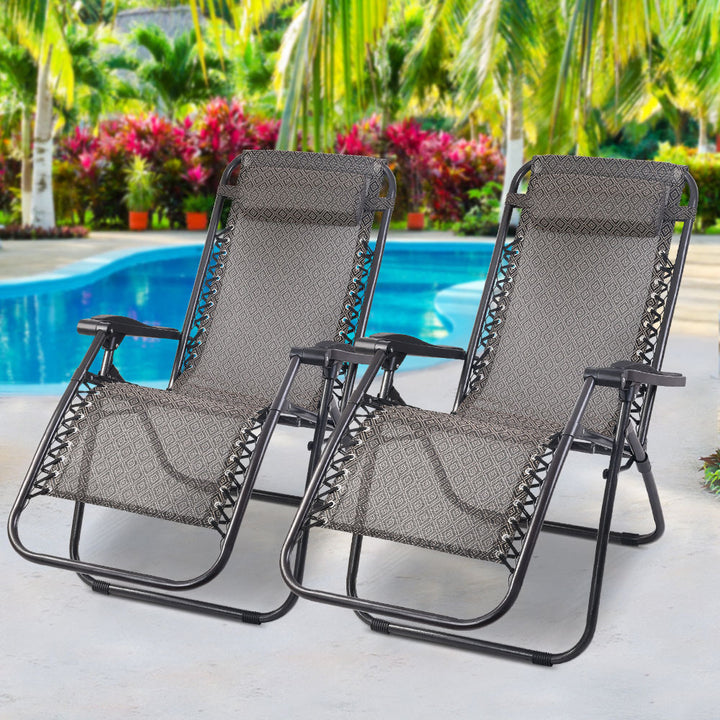 Set of 2 Outdoor Recliner Zero Gravity Chairs - Beige/Brown