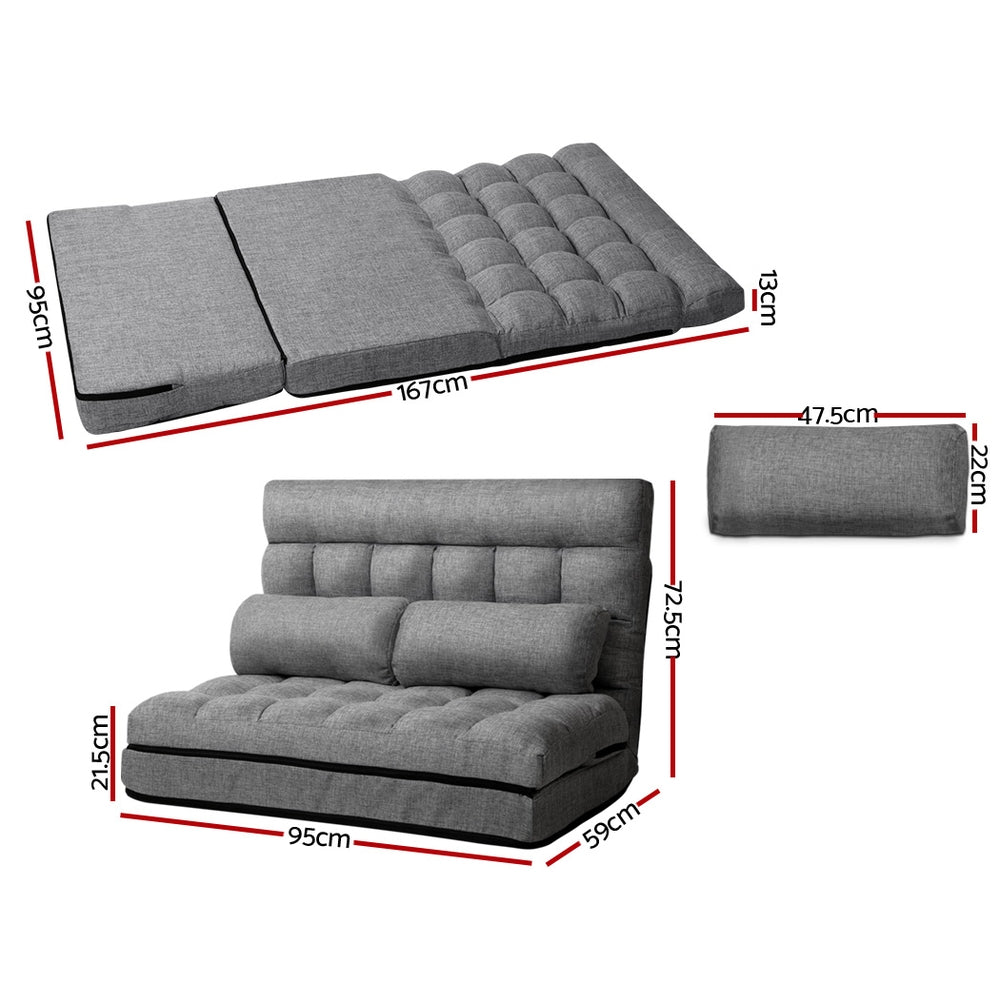 Adjustable Fabric 2 Seater Lounge Gaming Sofa Bed Floor Recliner - Grey - Homecoze