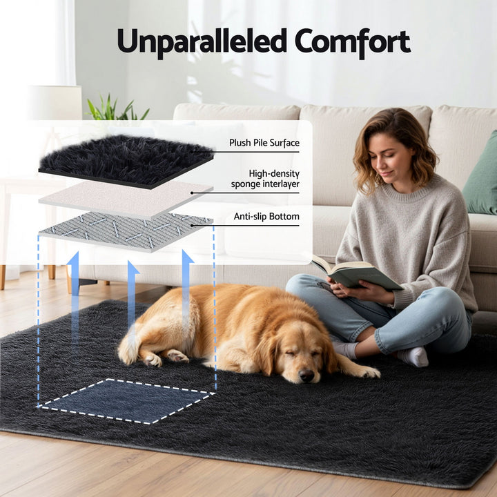 Artiss Floor Rug 140x200cm Plush Area Shaggy Rug Living Room Bedroom Carpet Black - Homecoze