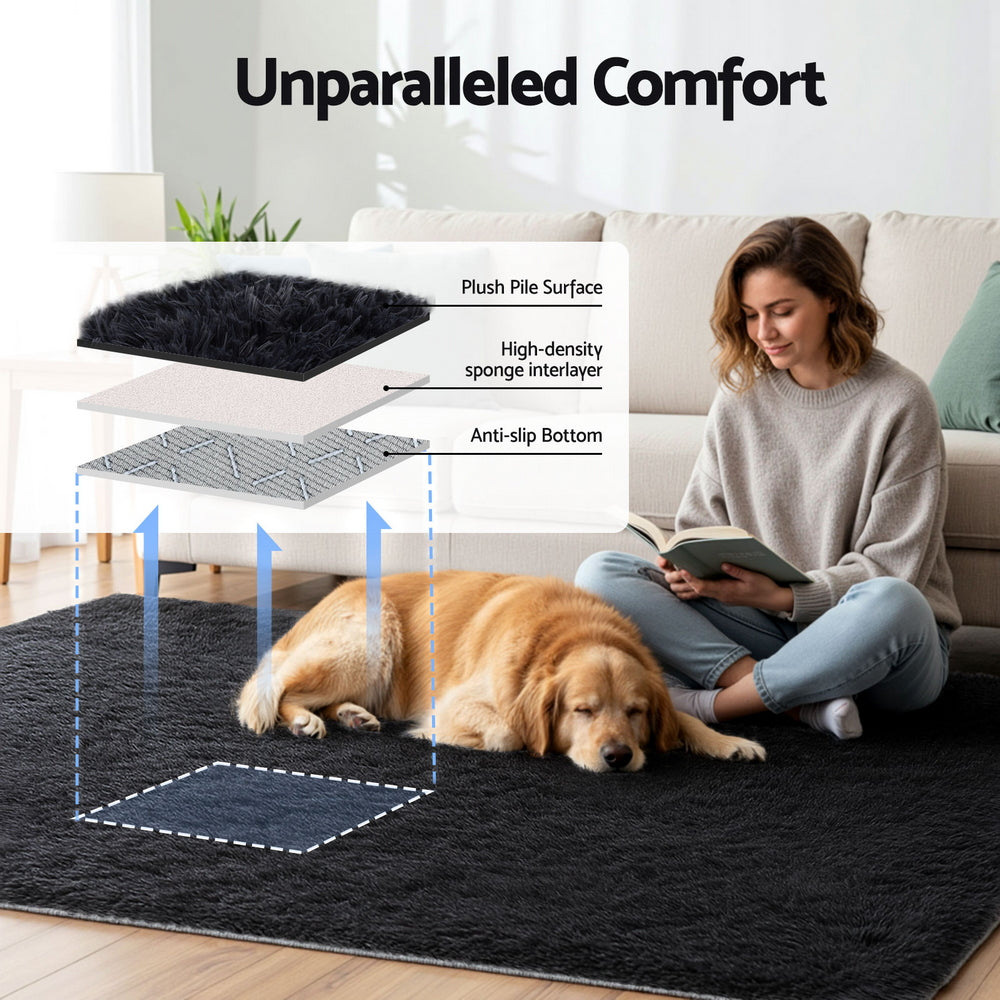 Artiss Floor Rug 160x230cm Plush Area Shaggy Rug Living Room Bedroom Carpet Black - Homecoze