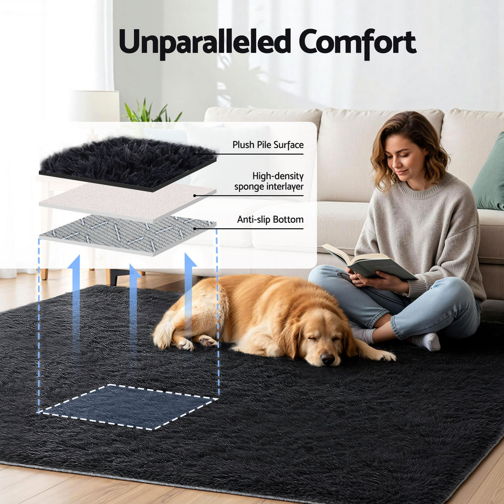 Artiss Floor Rug 200x230cm Plush Area Shaggy Rug Living Room Bedroom Carpet Black - Homecoze
