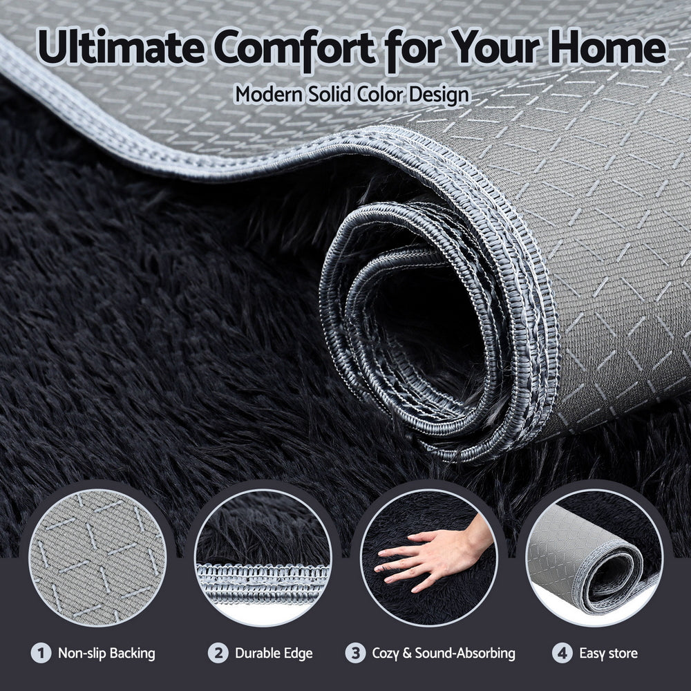 Artiss Floor Rug 200x230cm Plush Area Shaggy Rug Living Room Bedroom Carpet Black - Homecoze