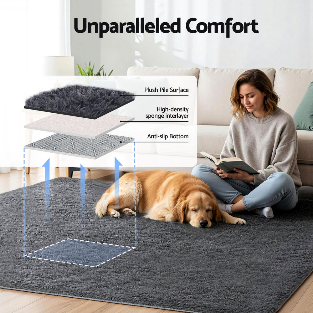 Artiss Floor Rug 200x230cm Plush Area Shaggy Rug Living Room Bedroom Carpet Grey - Homecoze