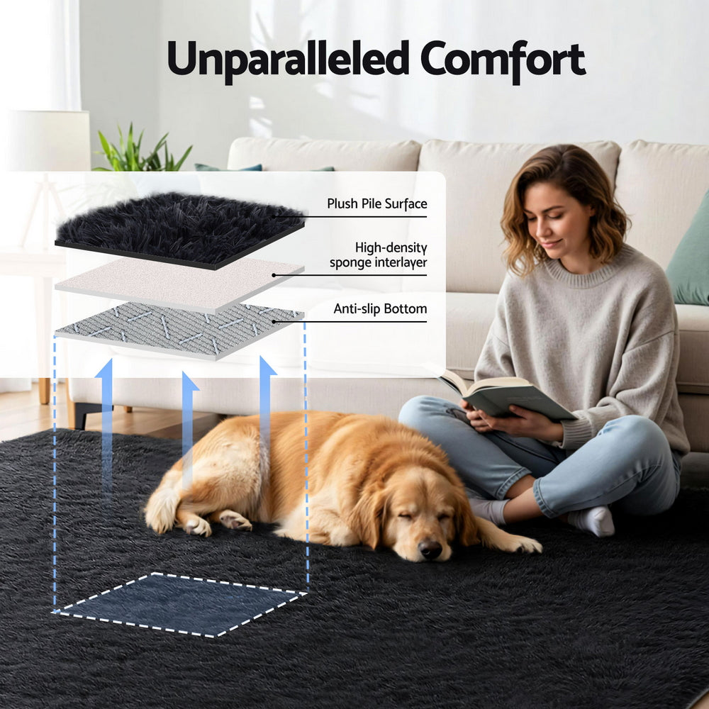 Artiss Floor Rug 200x290cm Plush Area Shaggy Rug Living Room Bedroom Carpet Black - Homecoze