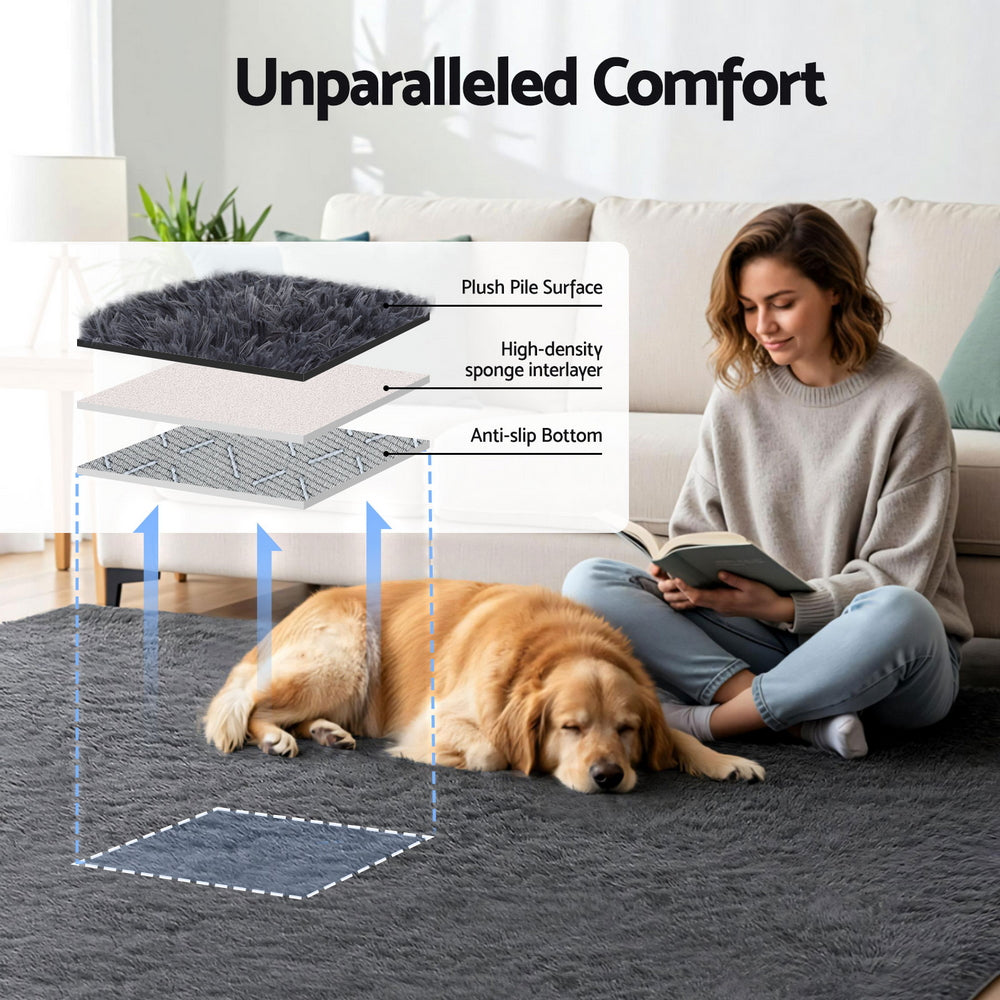 Artiss Floor Rug 200x290cm Plush Area Shaggy Rug Living Room Bedroom Carpet Grey - Homecoze