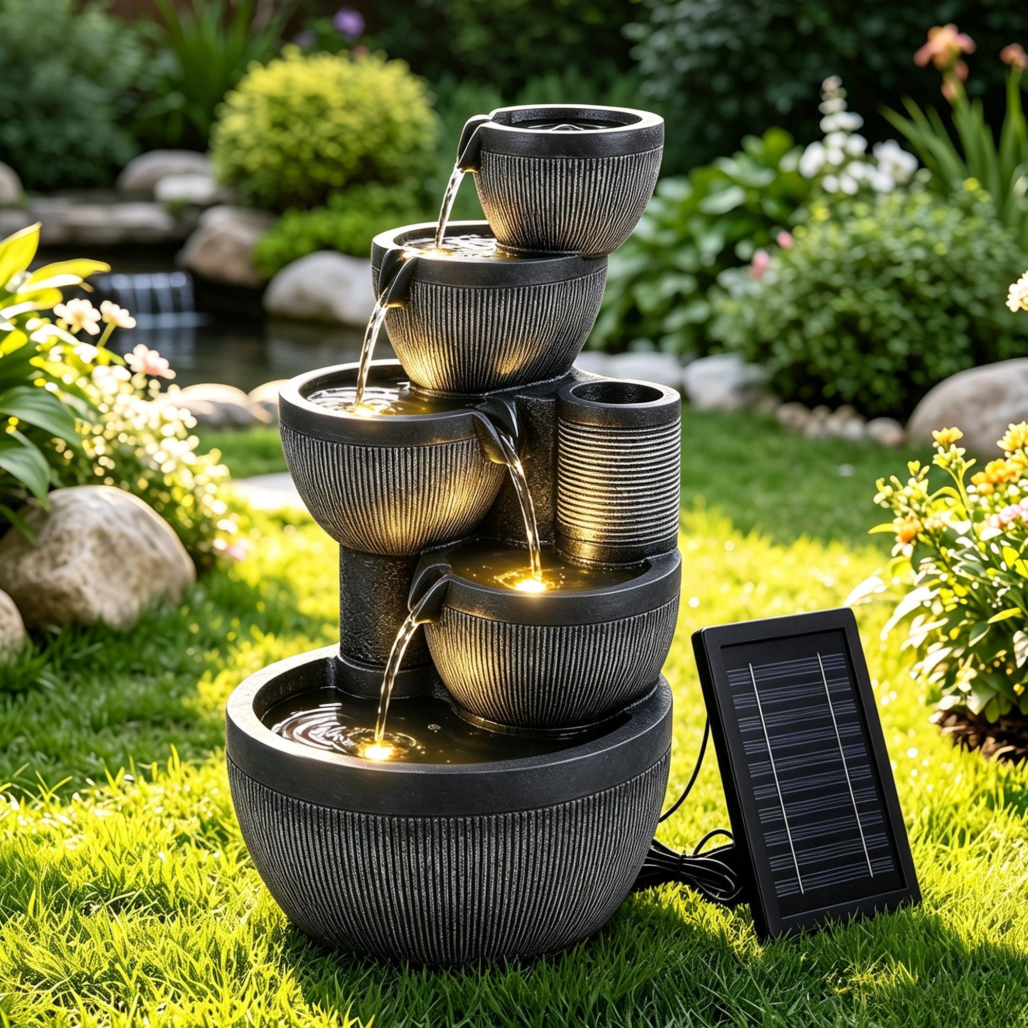 Rylan (52cm) 5-Tier Stacked Bowls Solar Water Fountain - Grey