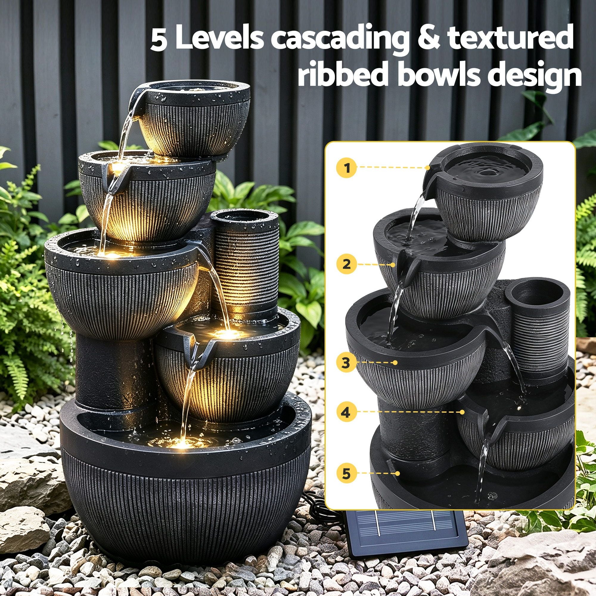 Rylan (52cm) 5-Tier Stacked Bowls Solar Water Fountain - Grey