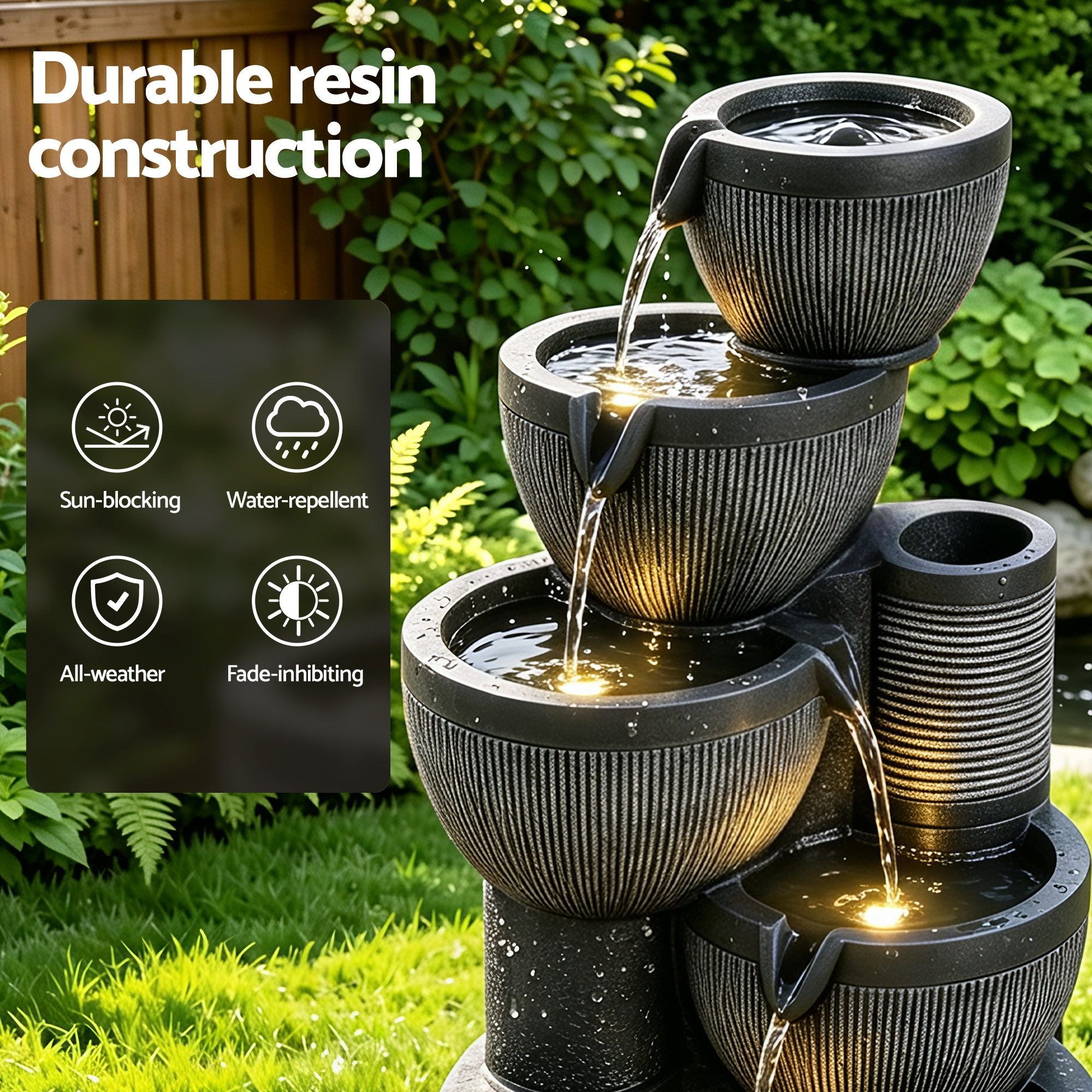 Rylan (52cm) 5-Tier Stacked Bowls Solar Water Fountain - Grey