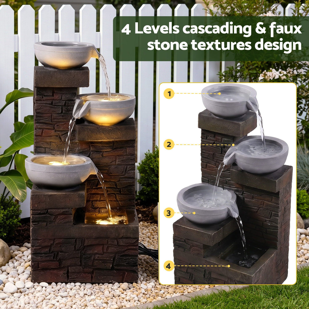Caspian (75cm) 4-Tier LED Solar Water Fountain – Brown - Homecoze