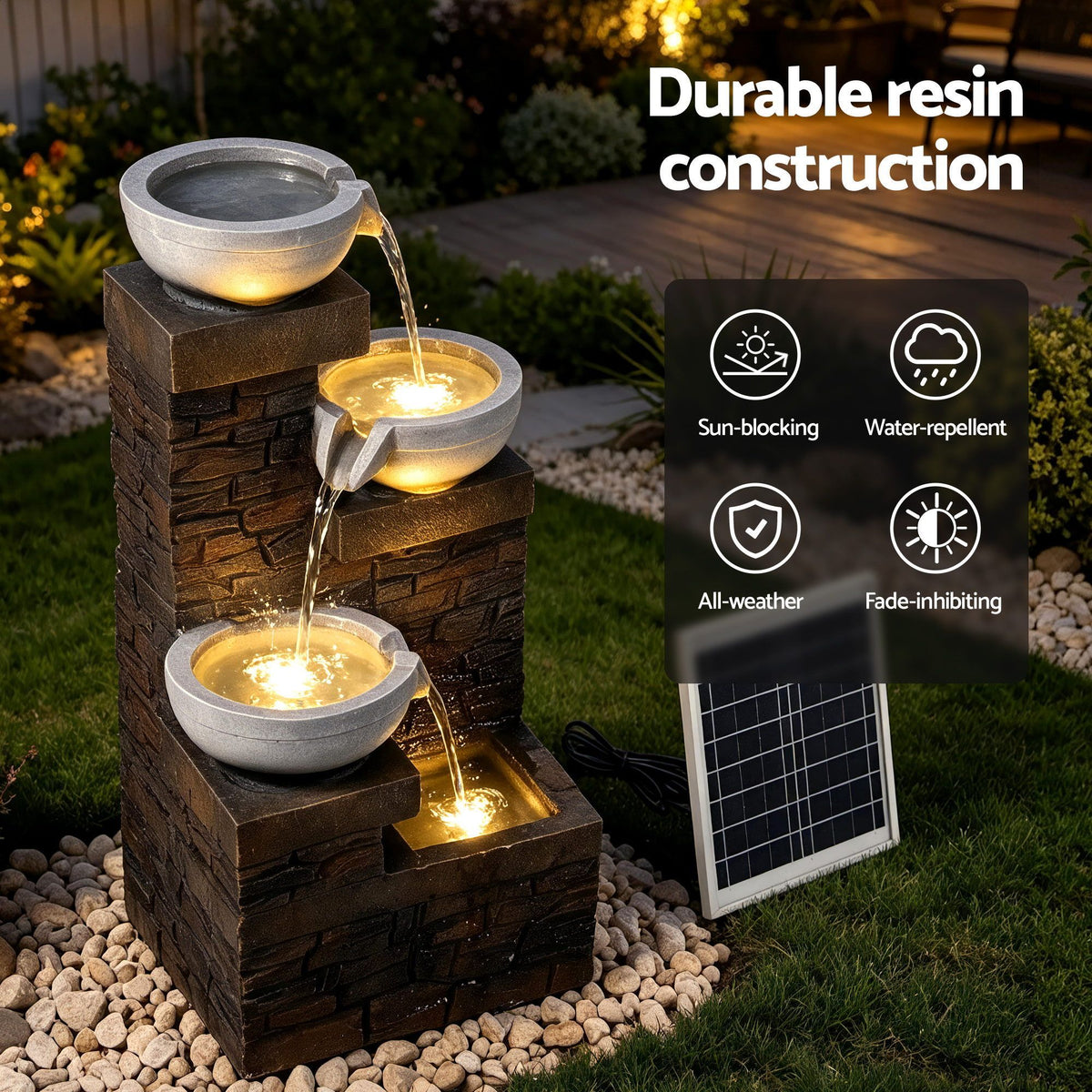 Caspian (75cm) 4-Tier LED Solar Water Fountain – Brown - Homecoze