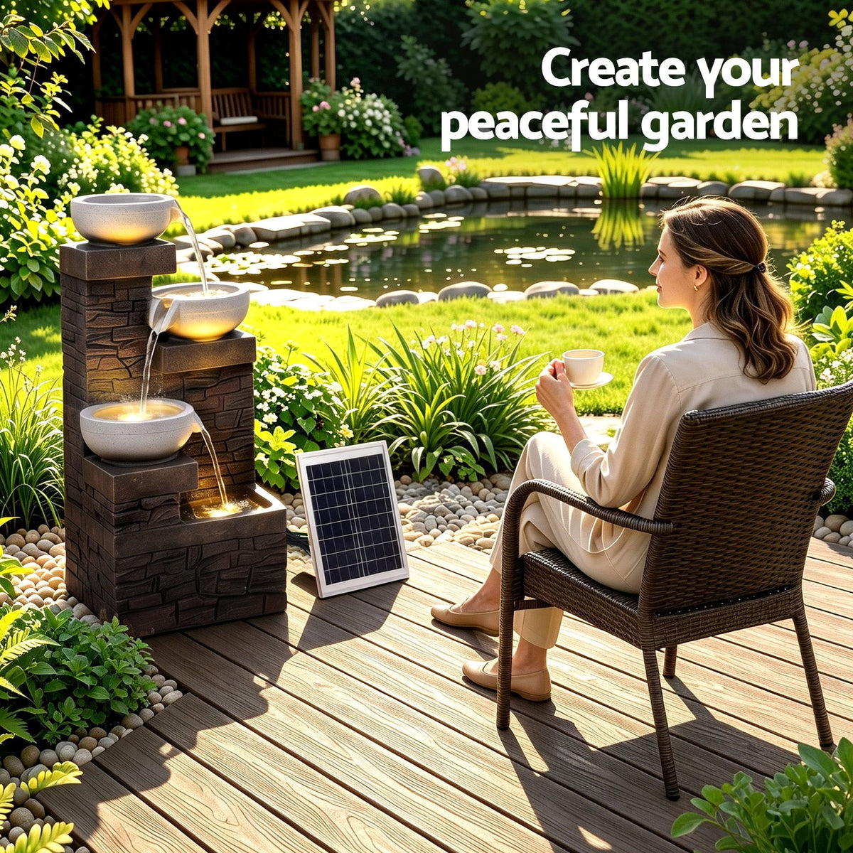 Caspian (75cm) 4-Tier LED Solar Water Fountain – Brown - Homecoze