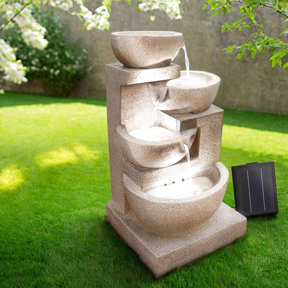 4 Tier Solar Powered Water Fountain with Light - Sand Beige - Homecoze