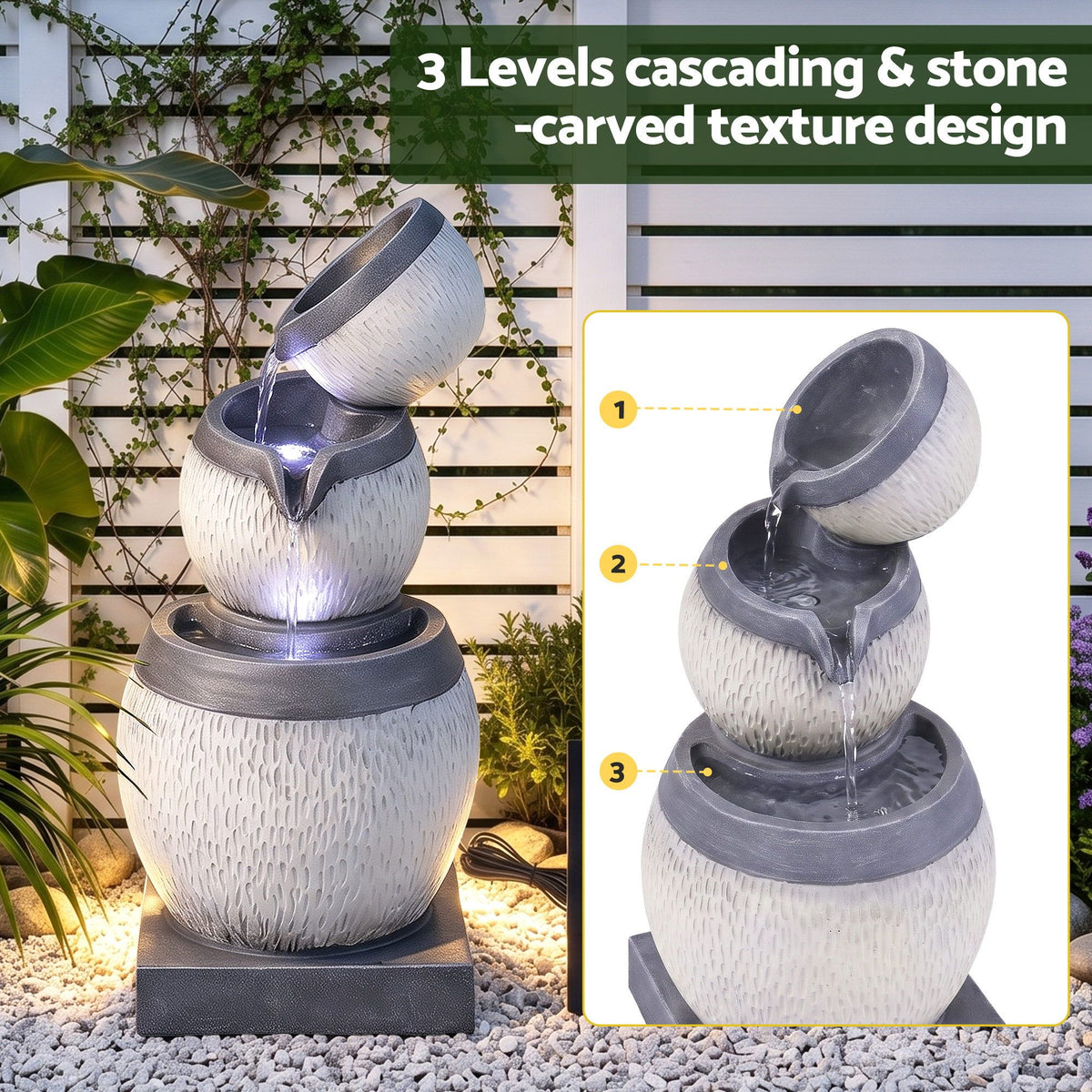Perrin (52cm) 3-Tier Solar Water Fountain – Beige & Grey