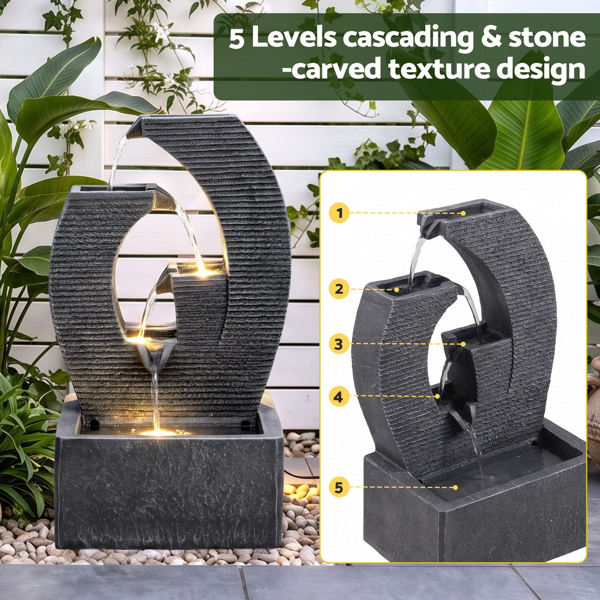 Renzo (50cm) 5-Tier Solar Water Fountain – Black - Homecoze