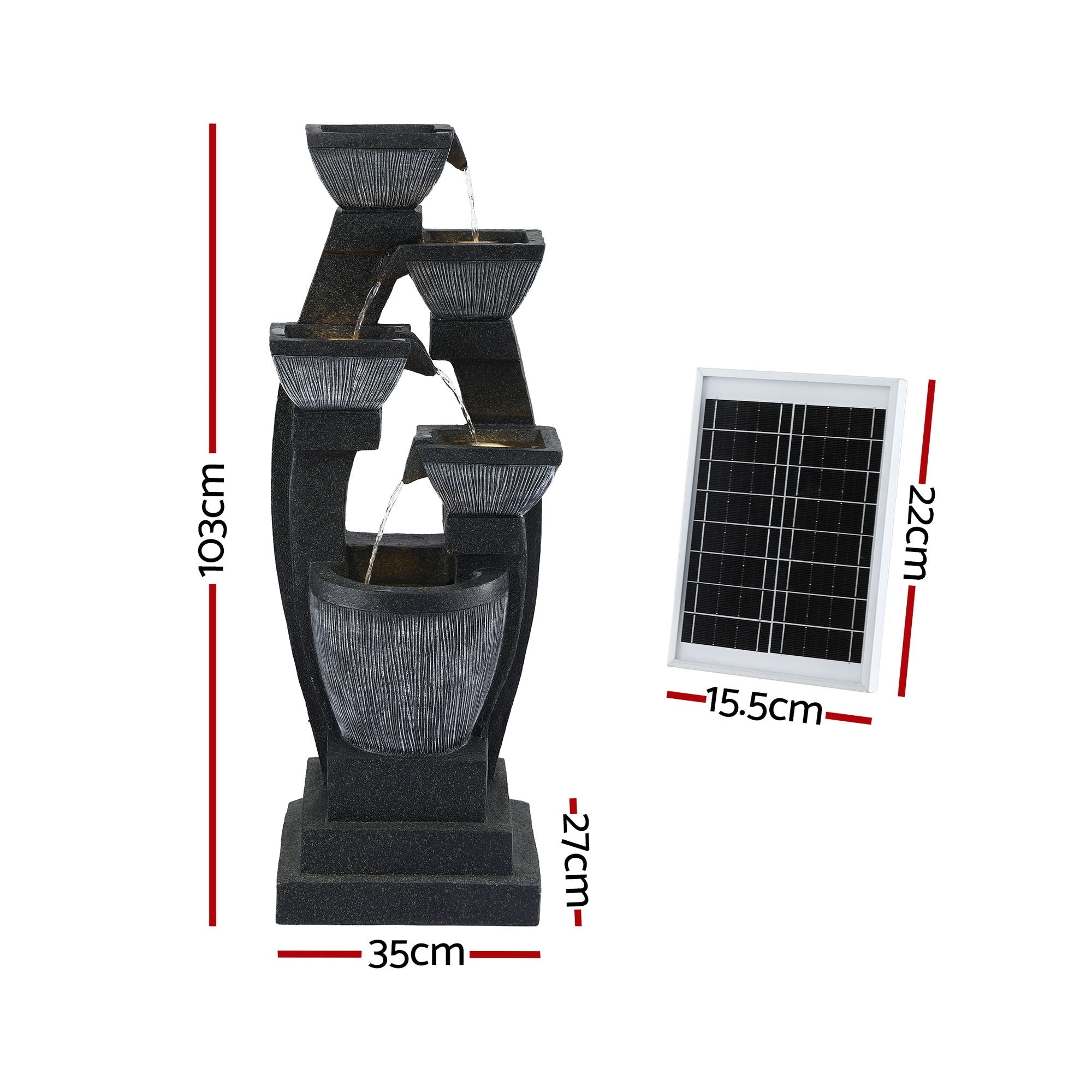 Gardeon Solar Fountain Water Feature Outdoor Fountain Indoor 5-Tier Bowl Cascading Grey - Homecoze