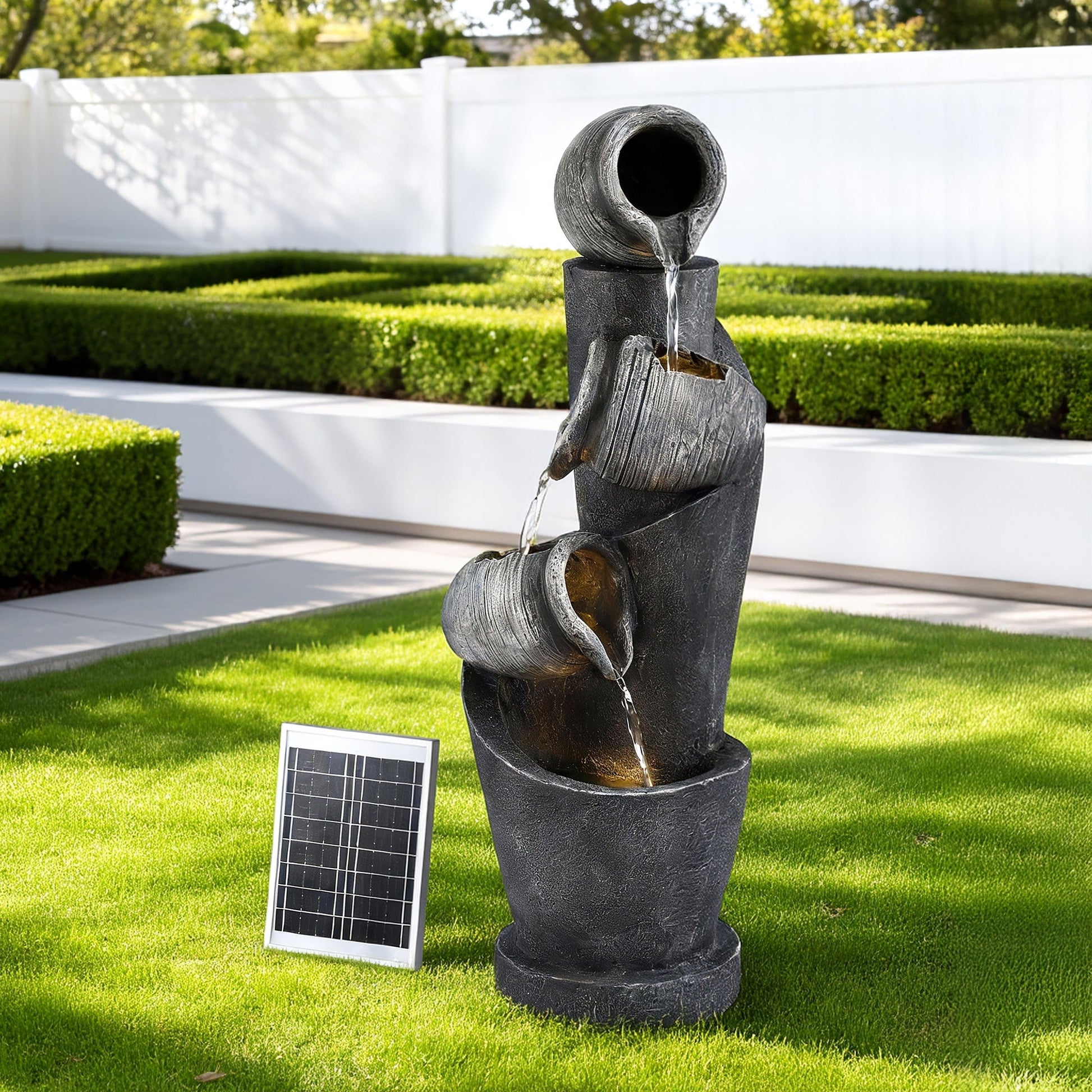 Gardeon Solar Fountain Water Feature Cascading Fountain 3-Tier Pot LED Lights 80CM Grey - Homecoze
