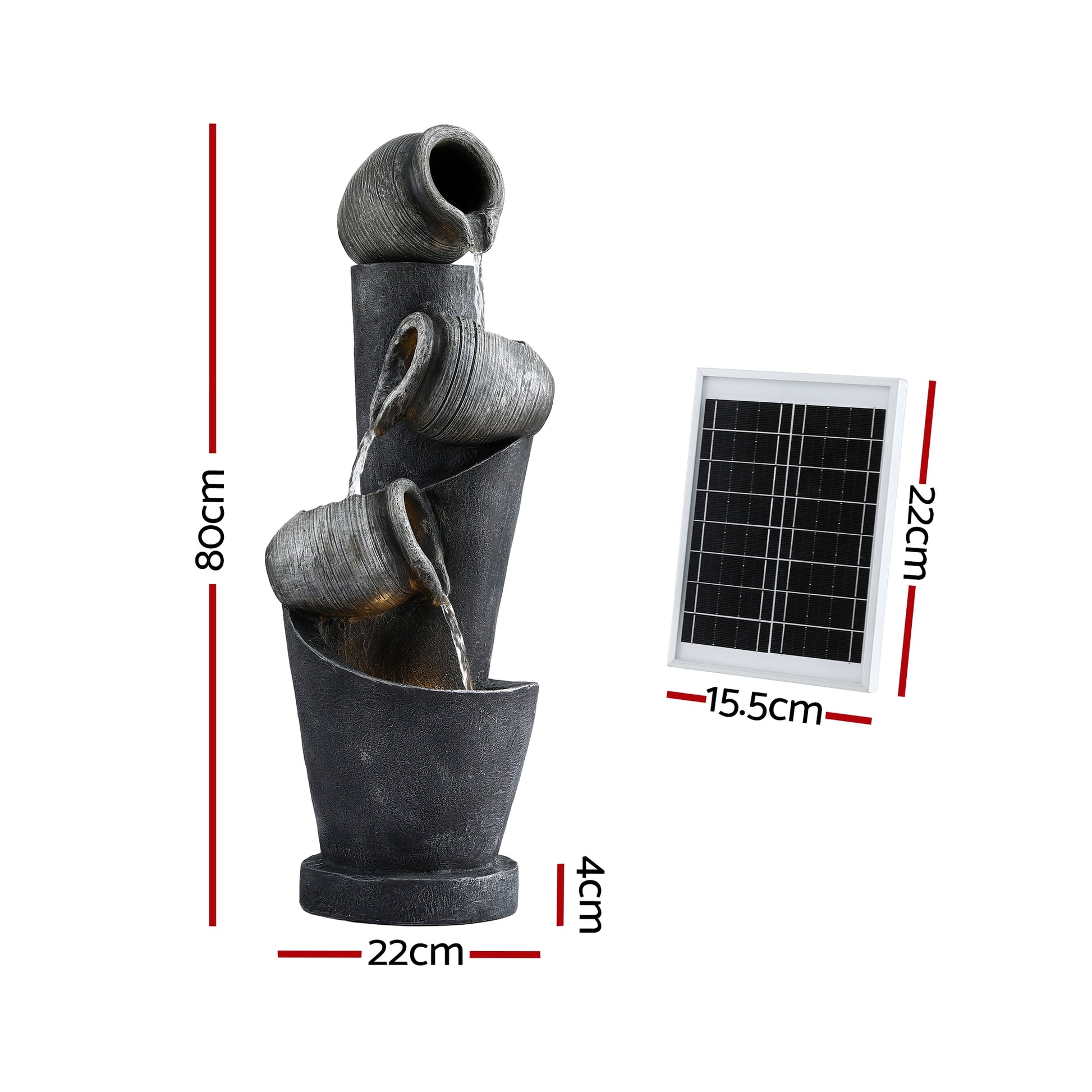Gardeon Solar Fountain Water Feature Cascading Fountain 3-Tier Pot LED Lights 80CM Grey - Homecoze