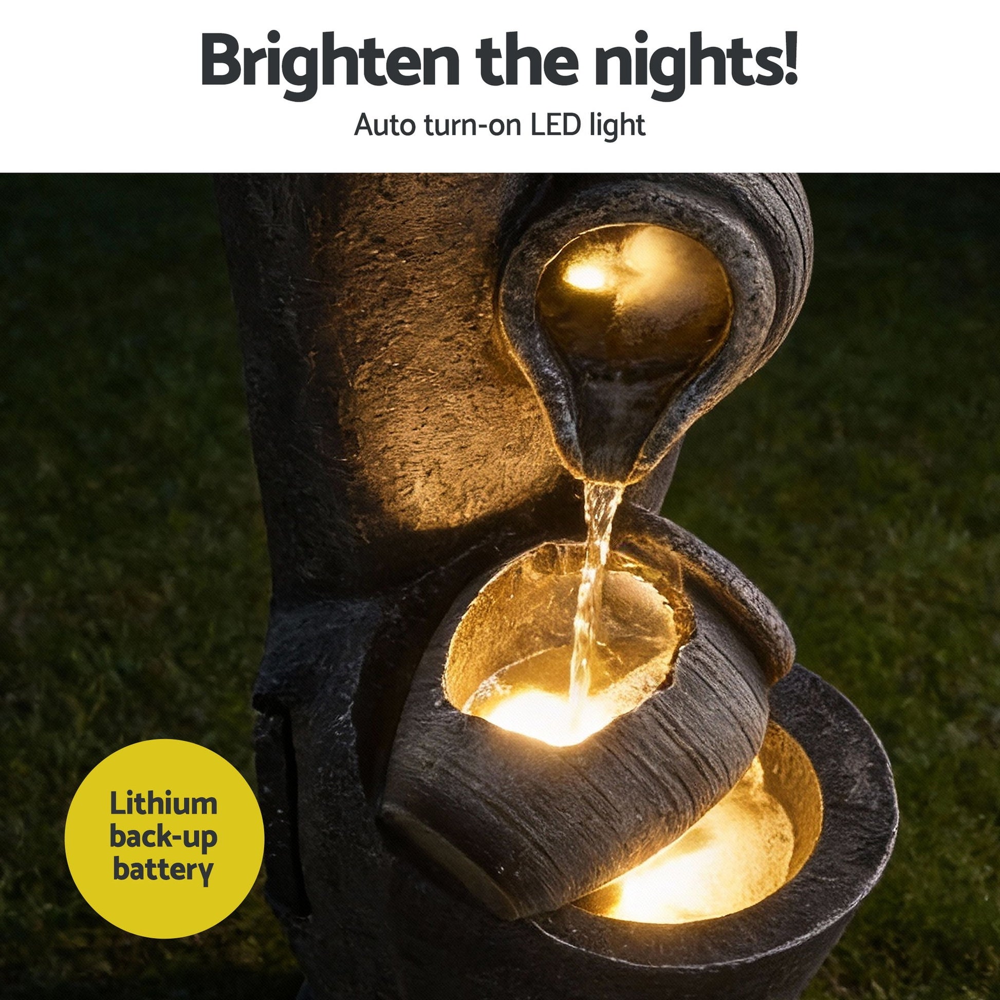Gardeon Solar Fountain Water Feature Cascading Fountain 3-Tier Pot LED Lights 80CM Grey - Homecoze