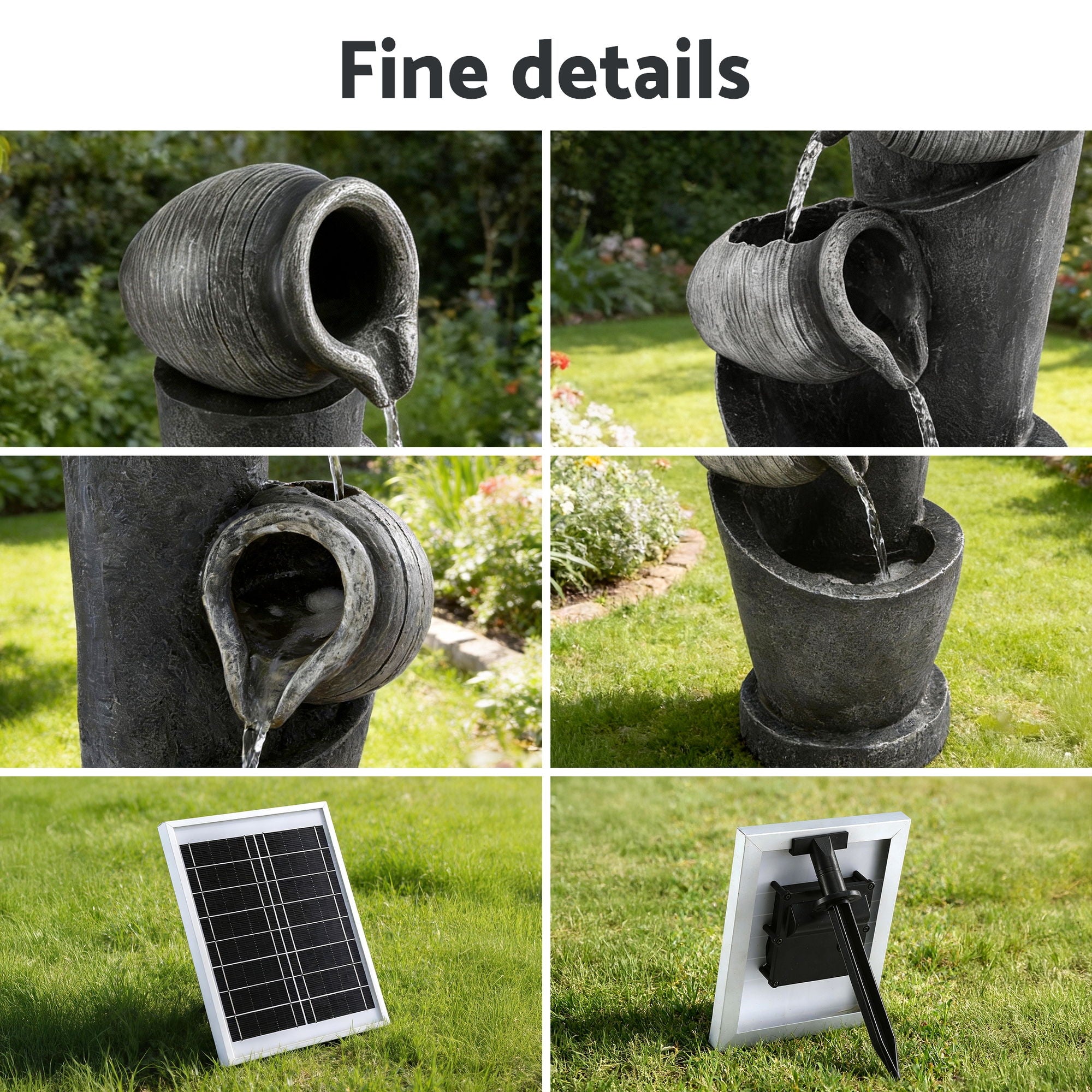 Gardeon Solar Fountain Water Feature Cascading Fountain 3-Tier Pot LED Lights 80CM Grey - Homecoze