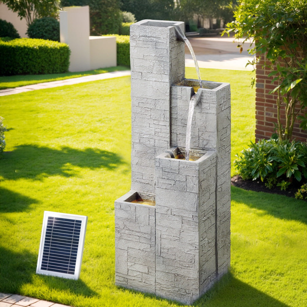 4-Tier Square Cascading Solar Water Fountain - Beige - Homecoze