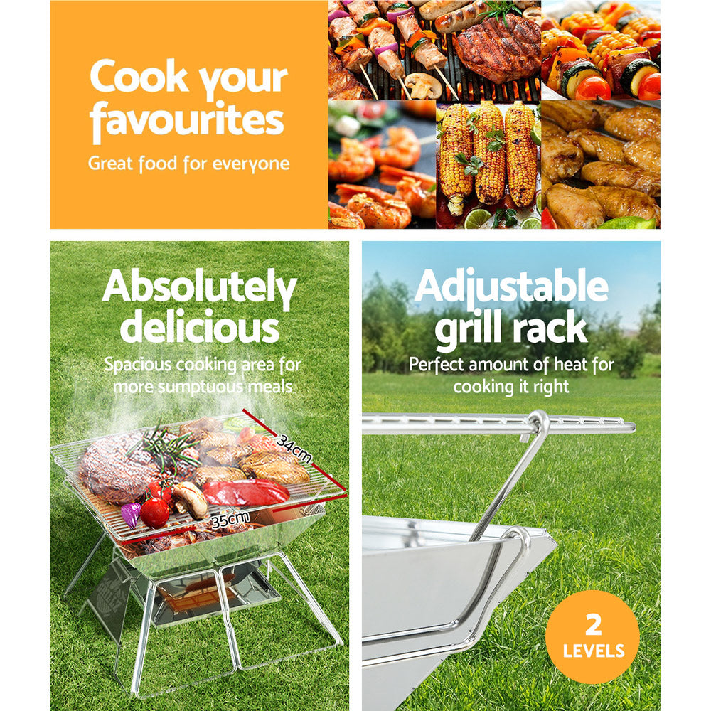 Camping Fire Pit BBQ 2-in-1 Grill Smoker Outdoor Portable Stainless Steel - Homecoze