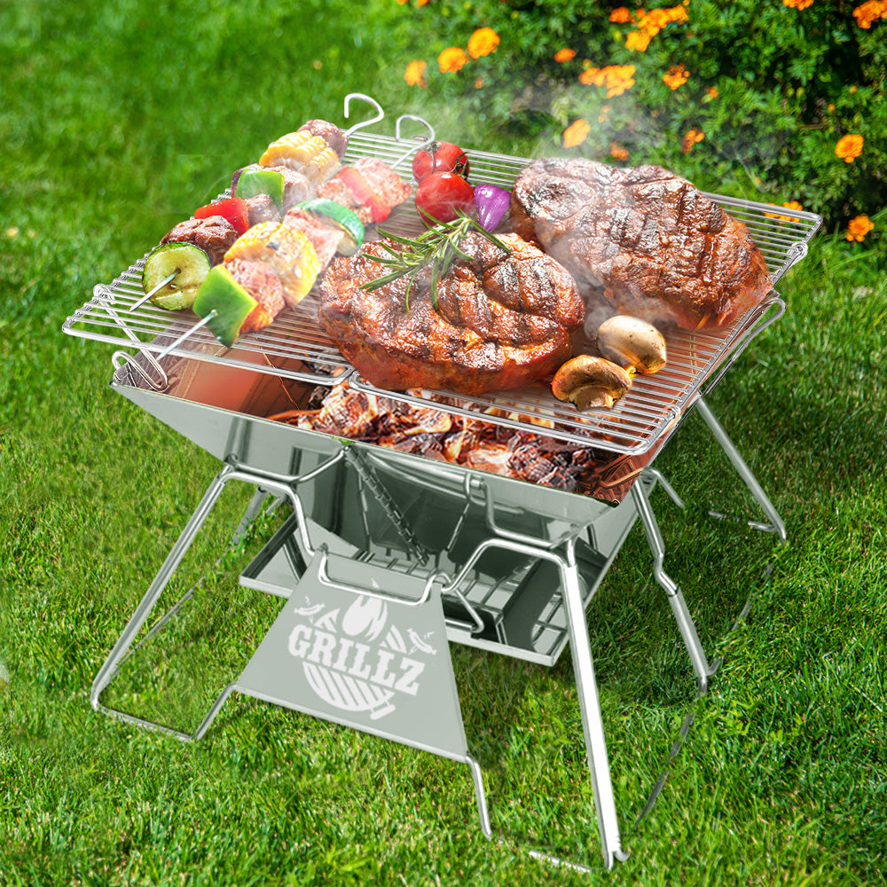Camping Fire Pit BBQ 2-in-1 Grill Smoker Outdoor Portable Stainless Steel - Homecoze