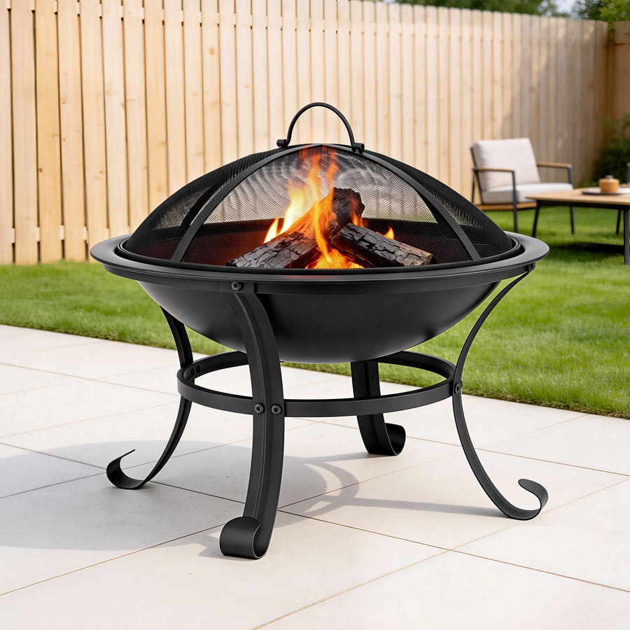 Grillz Fire Pit with Mesh Lid and Fire Picker BBQ Grill Wood Burning Outdoor Camping - Homecoze
