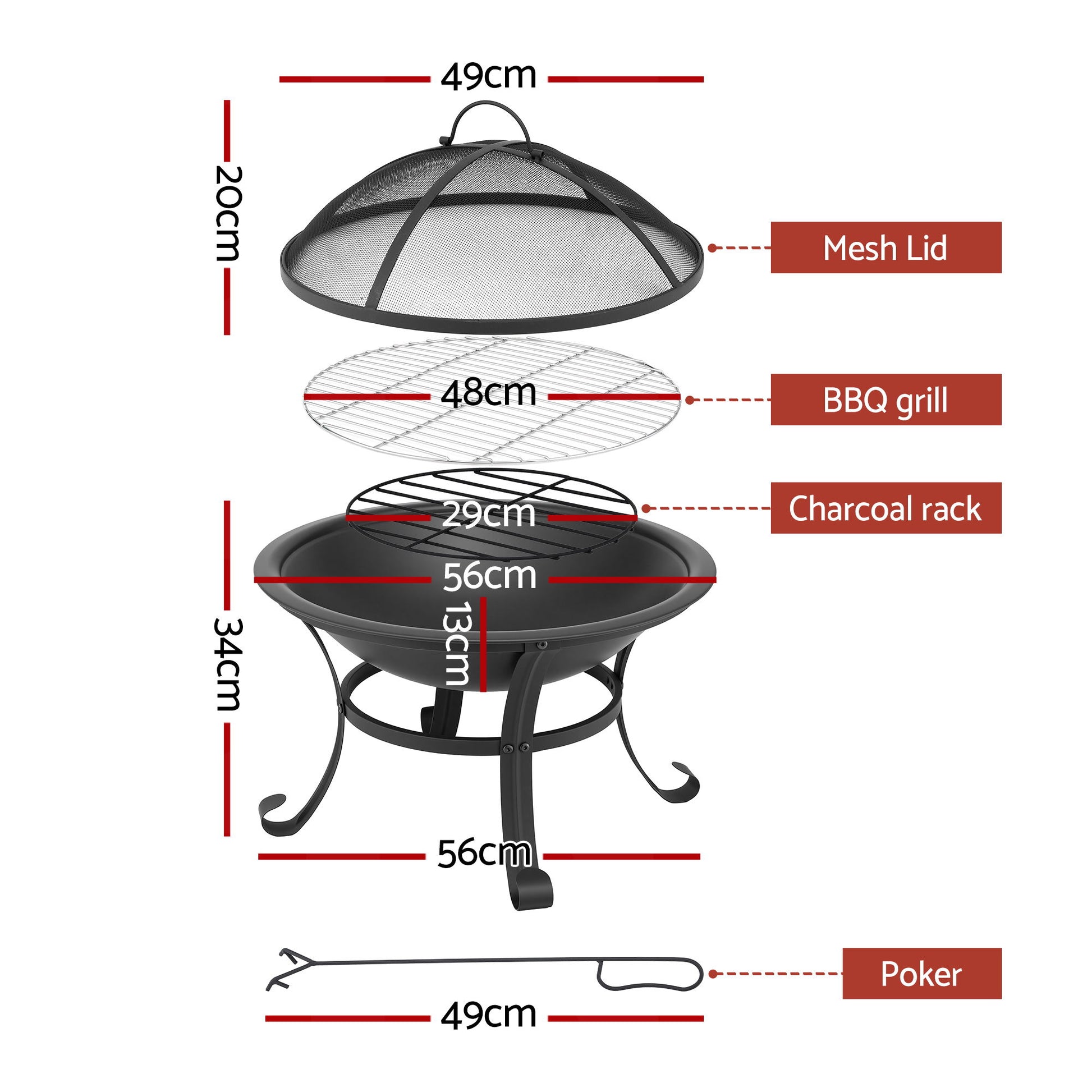 Grillz Fire Pit with Mesh Lid and Fire Picker BBQ Grill Wood Burning Outdoor Camping - Homecoze