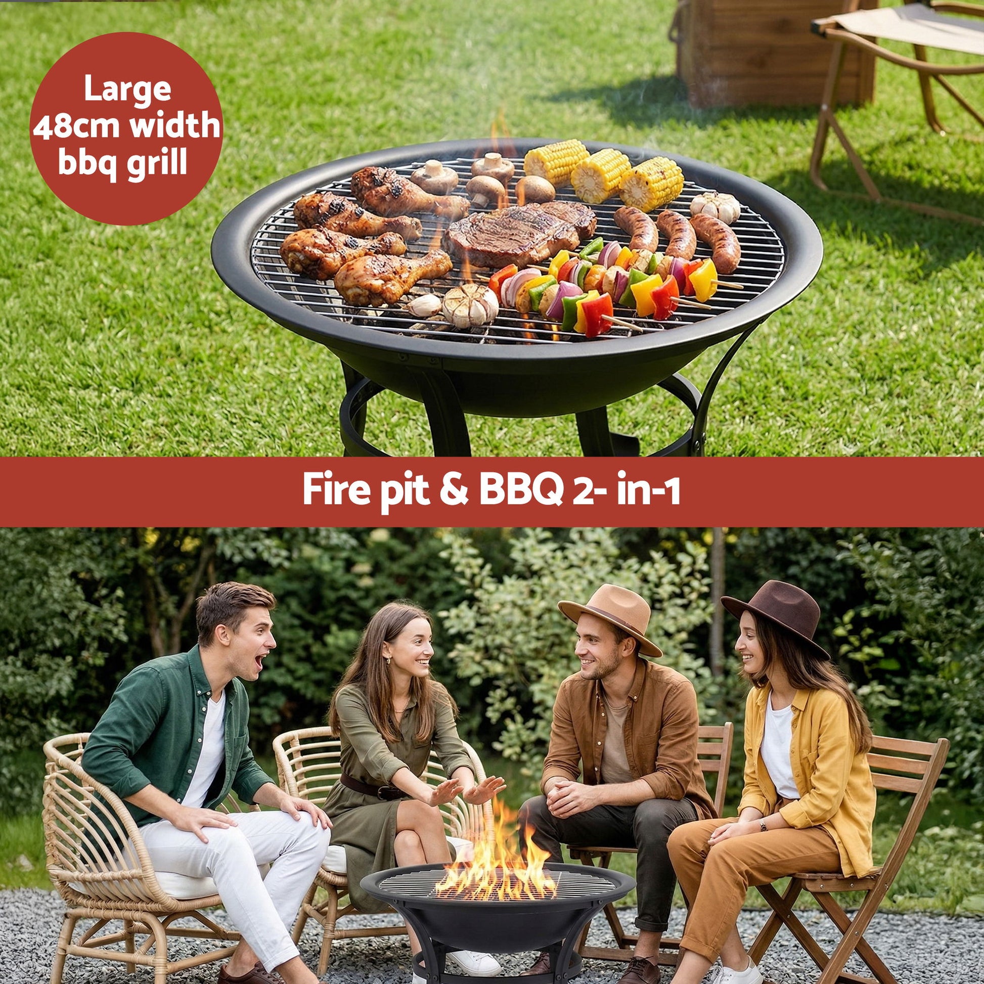 Grillz Fire Pit with Mesh Lid and Fire Picker BBQ Grill Wood Burning Outdoor Camping - Homecoze