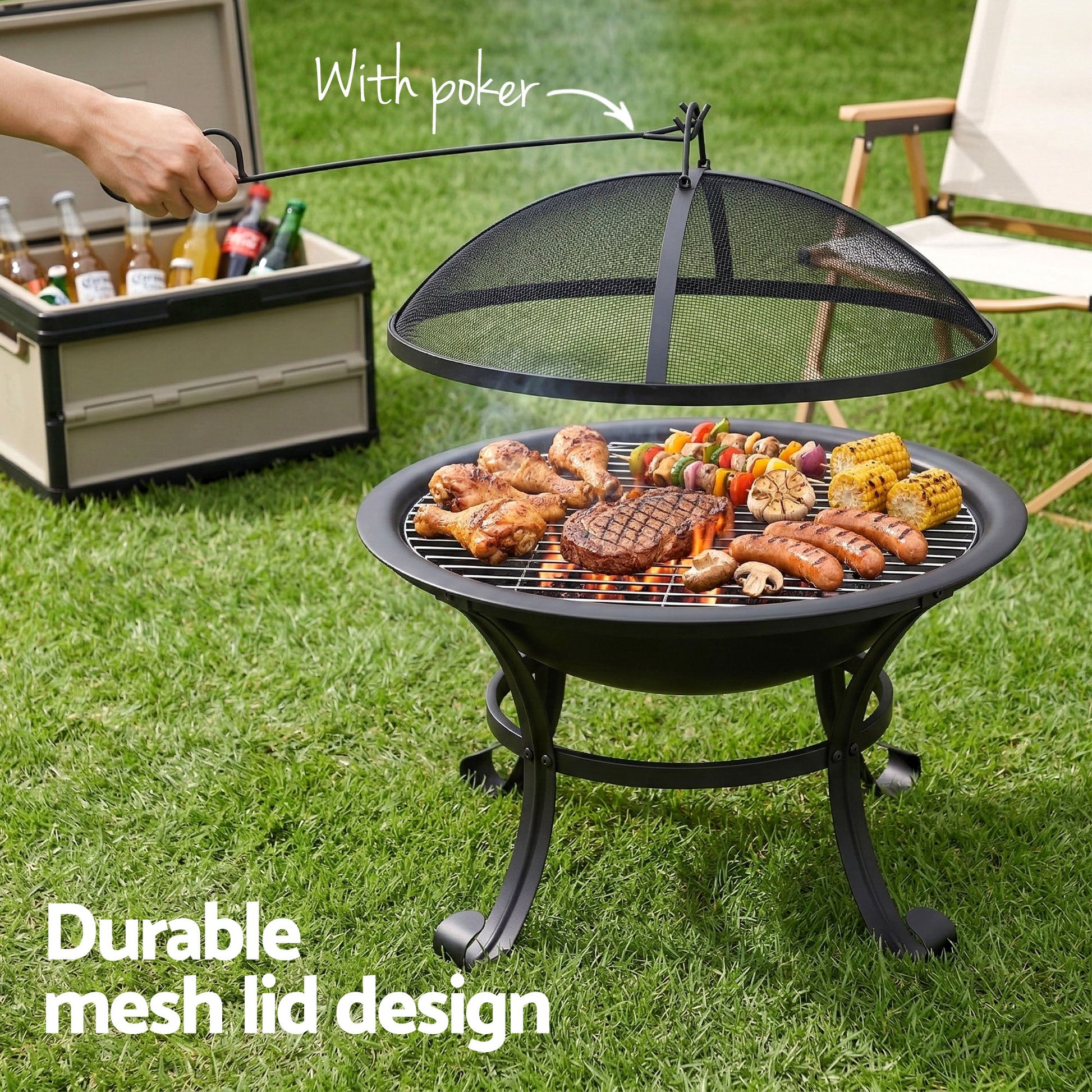 Grillz Fire Pit with Mesh Lid and Fire Picker BBQ Grill Wood Burning Outdoor Camping - Homecoze