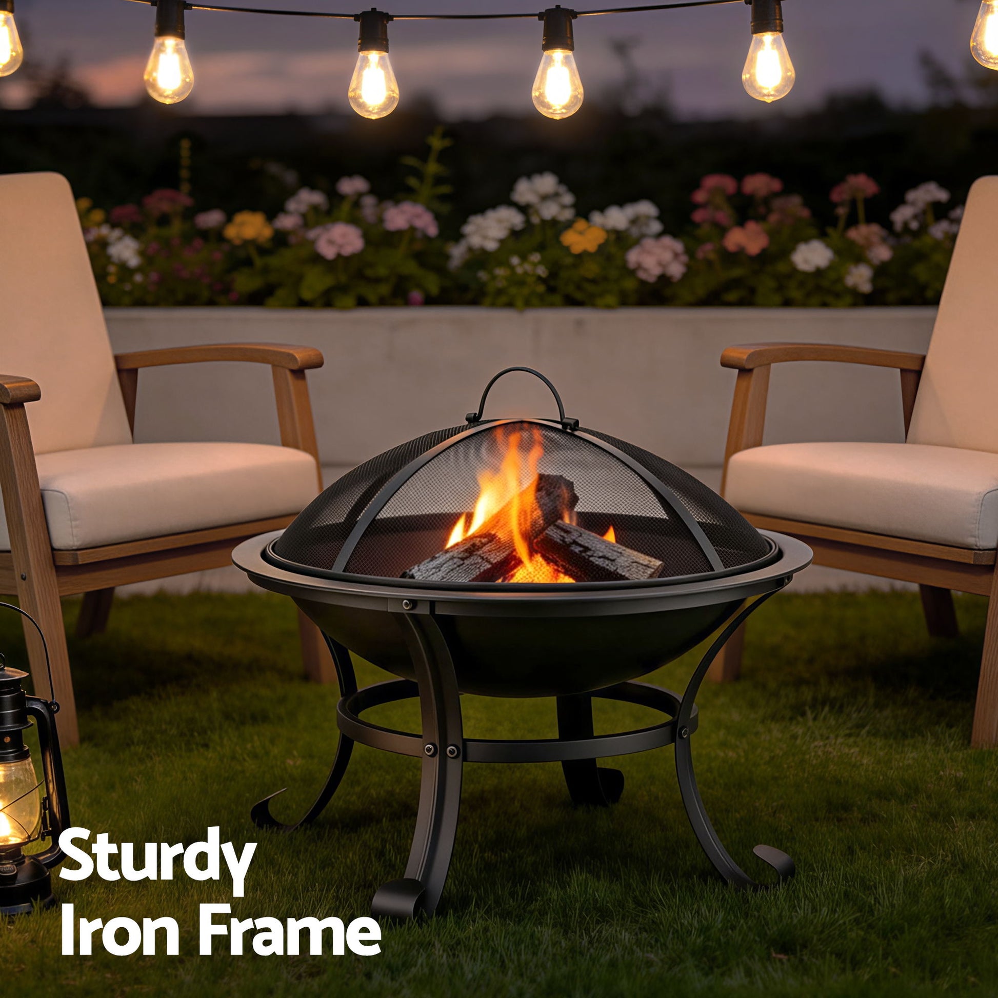 Grillz Fire Pit with Mesh Lid and Fire Picker BBQ Grill Wood Burning Outdoor Camping - Homecoze