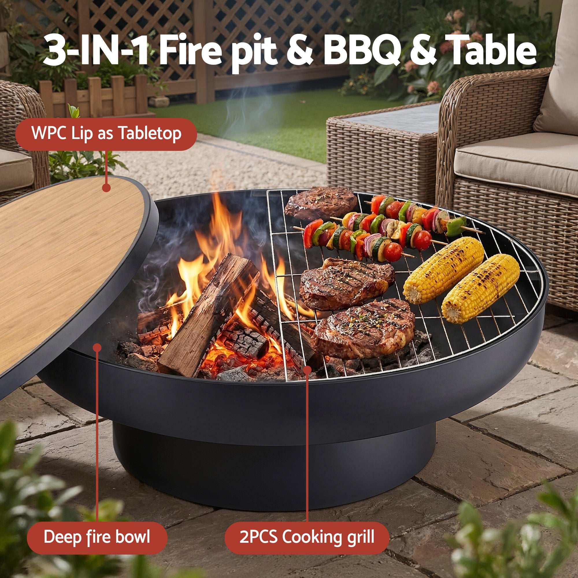 Grillz Fire Pit Table with Lid Deep Fire Bowl Wood Burning BBQ Grill for Backyard Camping Patio Picnic - Homecoze