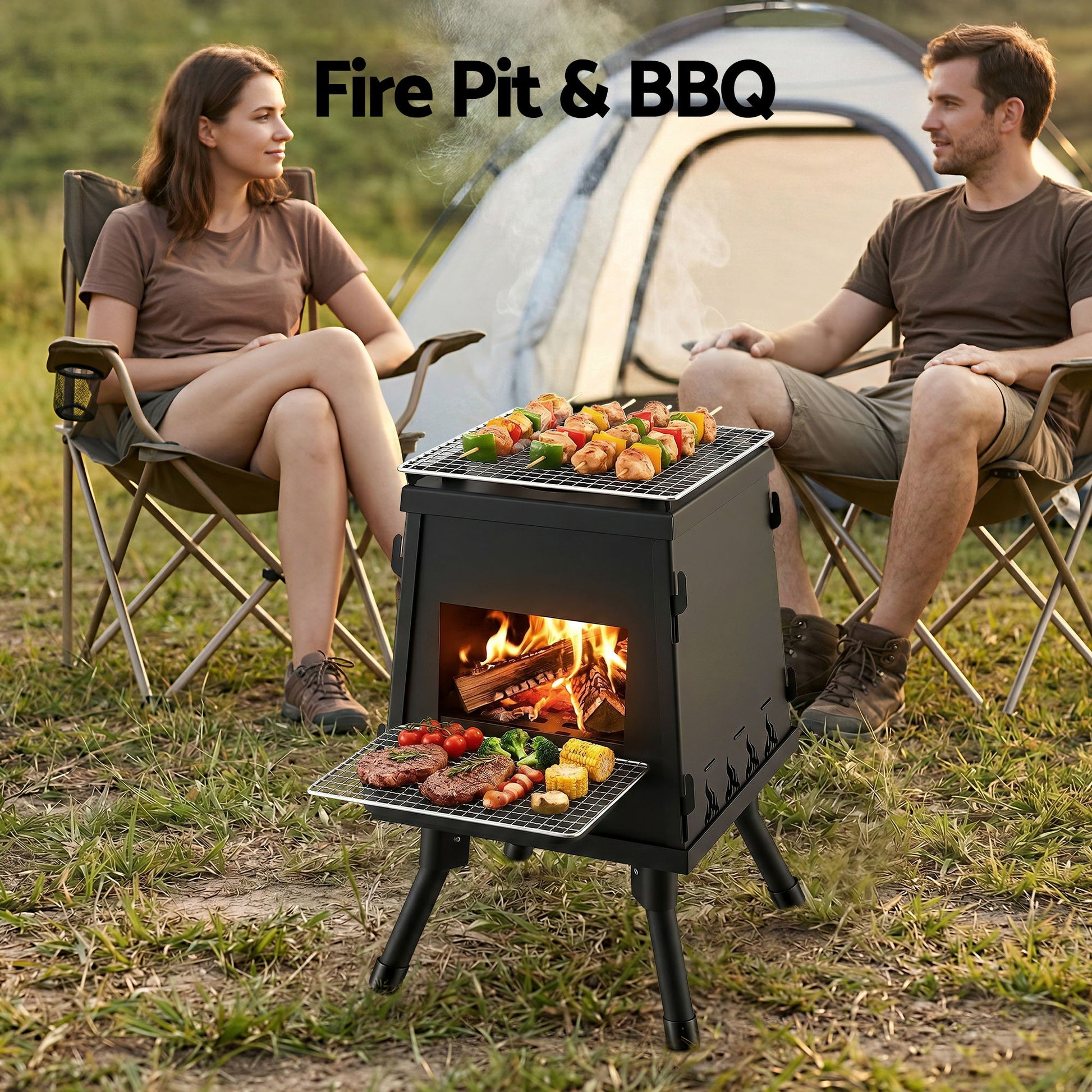 Grillz Fire Pit BBQ Portable Outdoor Fireplace Metal Camping Stove for Boiling Water, BBQ, Picnics - Homecoze