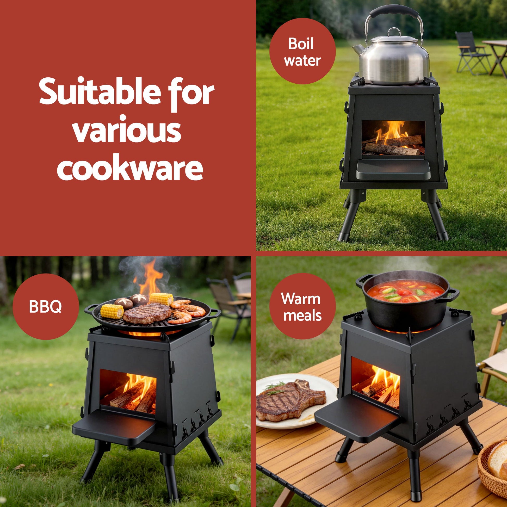 Grillz Fire Pit BBQ Portable Outdoor Fireplace Metal Camping Stove for Boiling Water, BBQ, Picnics - Homecoze