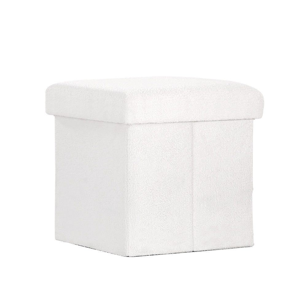 Square Boucle Foot Stool Teddy Fabric Storage Ottoman Dresser Seat - White