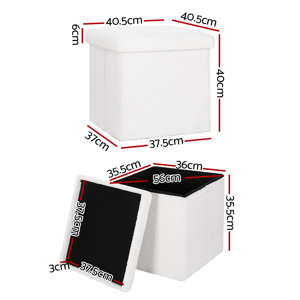 Square Boucle Foot Stool Teddy Fabric Storage Ottoman Dresser Seat - White - Homecoze