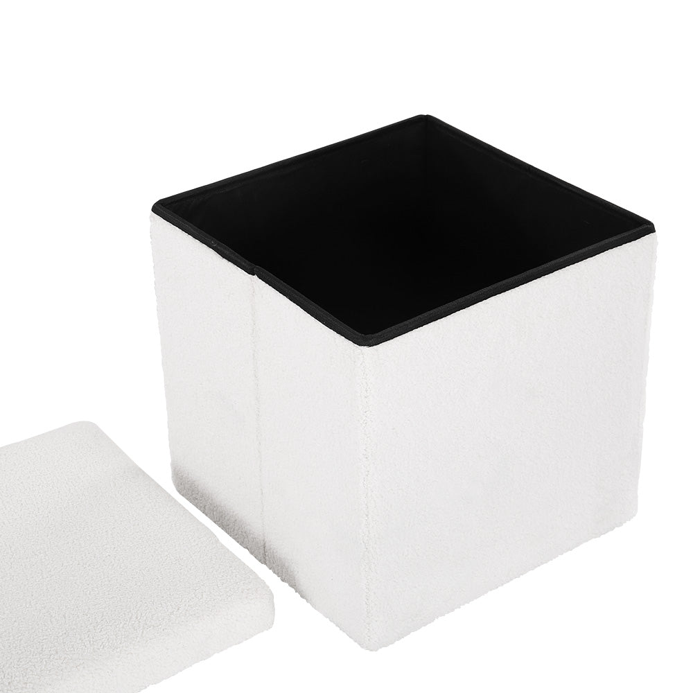 Square Boucle Foot Stool Teddy Fabric Storage Ottoman Dresser Seat - White - Homecoze